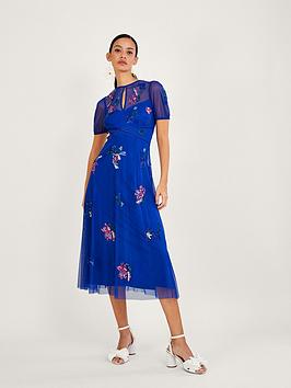 Monsoon Phoebe Sustainable Emb Midi Dress - Blue