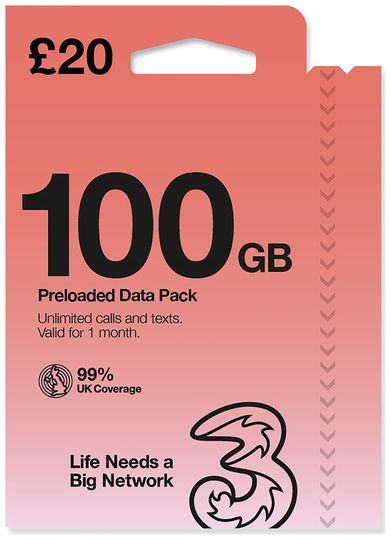 Three 100GB New Pay As You Go Sim