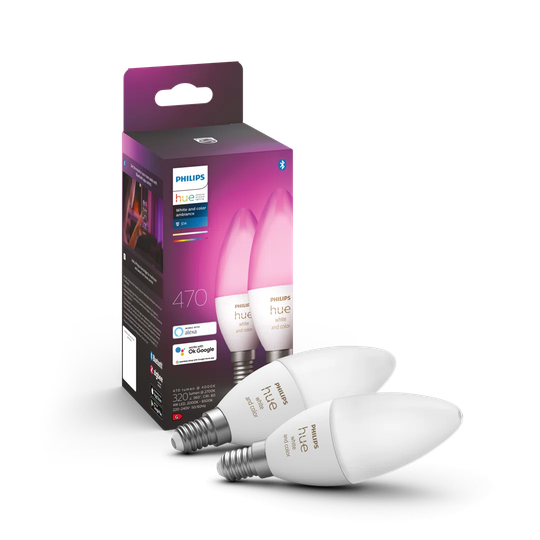 Philips Hue White & Colour Ambiance Smart Candle Bulb Twin Pack LED E14 with Bluetooth - 470 Lumen
