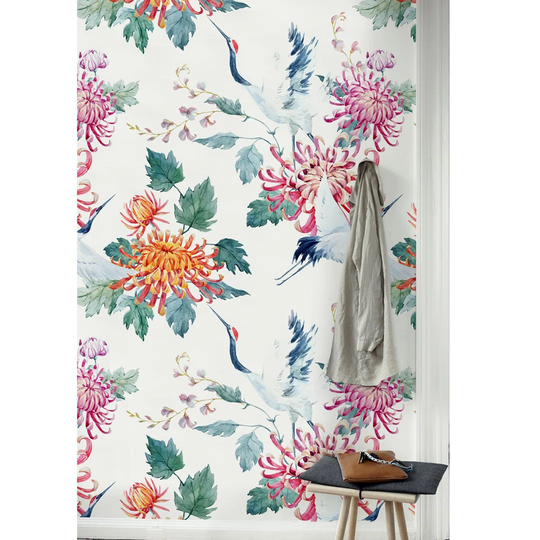 Chisato Floral Crane Delicate Wallpaper