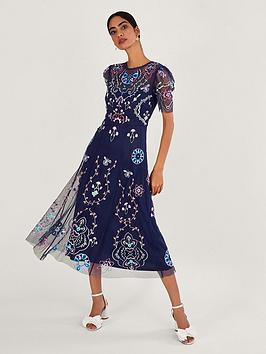 Monsoon Leor Sustainable Embroidered Midi Dress - Navy