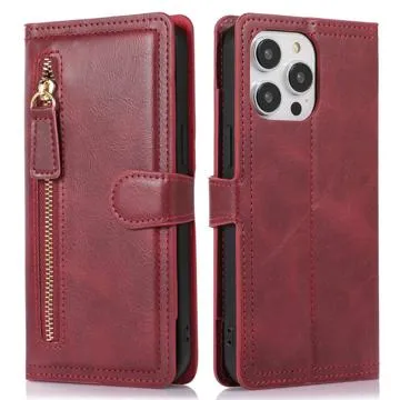 Zipper Pocket iPhone 14 Pro Wallet Case - Red