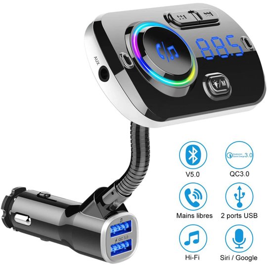 Bluetooth 5.0FM transmitter,7-color car radio adapter Car music player