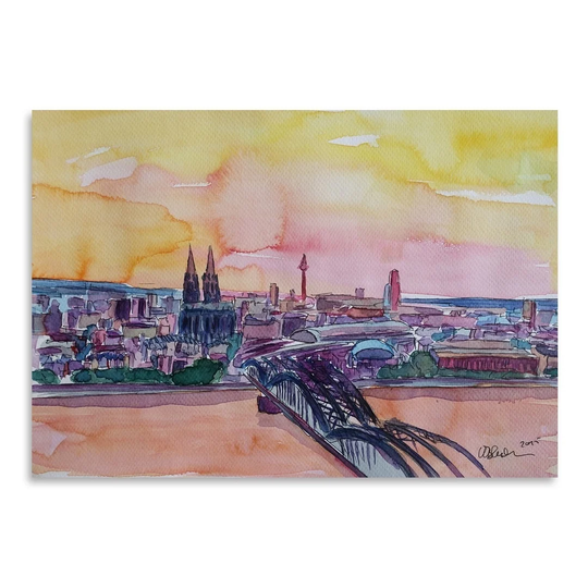 Cologne Deutz Bridge Sunset 2 by M Bleichner - Unframed Painting Print on Paper
