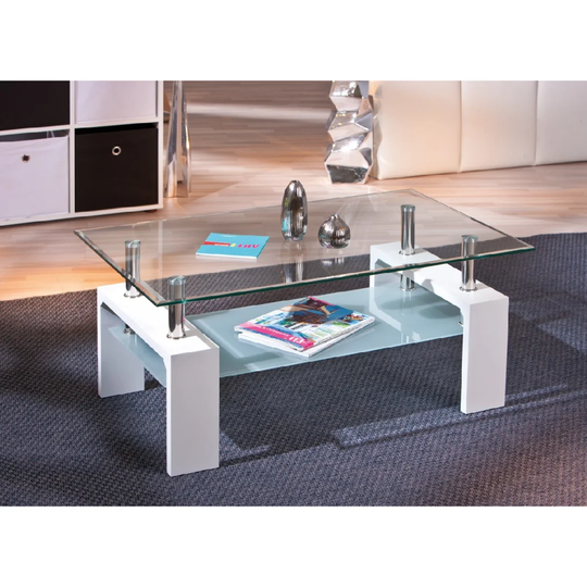 White Lacquered Mdf Coffee Table Double Tempered Glass And Chromed Metal