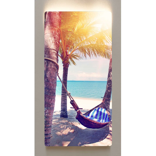 Backlight wall art, M85 beach, palm trees, metal motif, 60 x 120cm, on a magnetic board