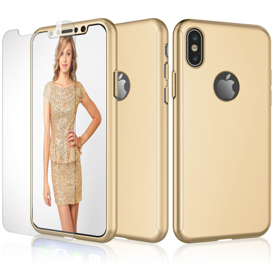 (Apple iPhone Se, Gold) New Luxury Full Body Hybrid 360 Protection Hard Acrylic Shockproof Phone Case Cover Skin Tempered Glass Screen Protector For A