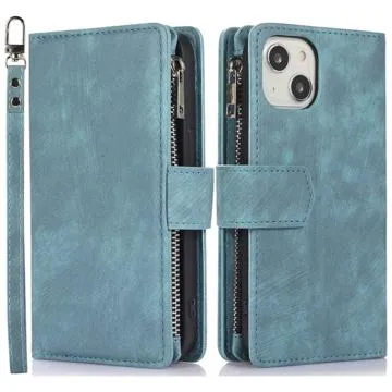 iPhone 14 Wallet Case with Wrist & Shoulder Strap - Baby Blue