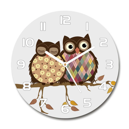 Glass Wall Clock 30Cm Round Decoration Picture Wall Art Modern Decoration Kitchen Living Room Silent - Two Owls On The Branch,69126065