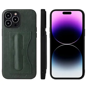 Fierre Shann iPhone 14 Pro Max Coated Case with Card Slot & Stand - Green