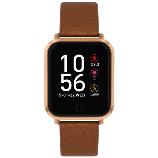Reflex Active Series 6 Smart Watch With Heart Rate Monitor Music Control Colour Touch Screen And Up To 7 Day Battery Life - Rectangluar Rgp Case With Tan Strap