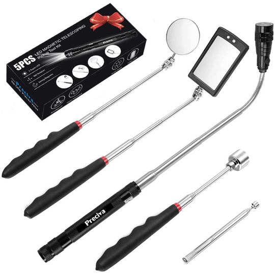 5 Pieces Magnetic Telescoping Pickup Grabber Tool, Extendable Tool Kit with LED Light, Including 15 lb/1 lb/Round/Square Inspection Mirror/T