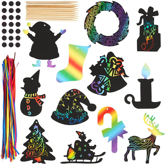 60 Christmas Scratch Art Cards with Ribbons, Magnets and Sticks, Xmas Party Games & Activity, Kids Gift Stocking Fillers