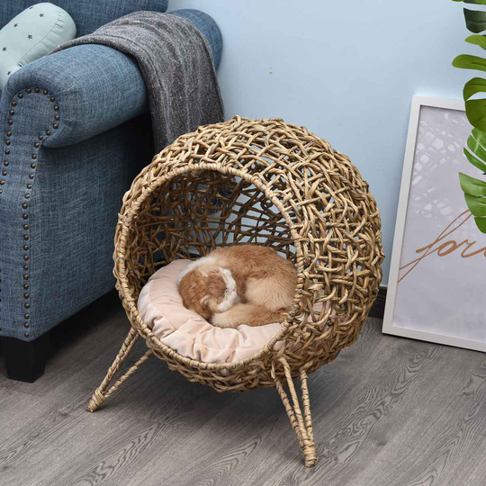 PawHut Rattan Wicker Elevated Cat House w/ Cushion - Natural