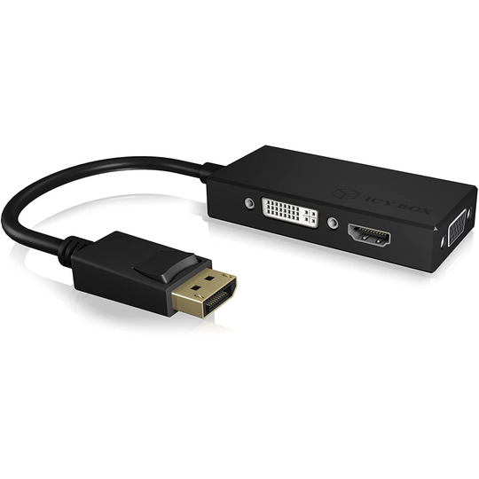 ICY BOX IB-AC1031 3-in-1 adapter display port plug for HDMI (4K Ultra HD), DVI-D or VGA (Full HD), black black Black