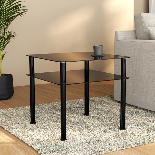 Byrge Black Glass And Polished Leg Side Table with Storage