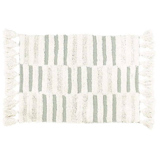 The Linen Yard Tassel Stitch Woven Cotton Anti-slip Bath Mat Green/Ivory