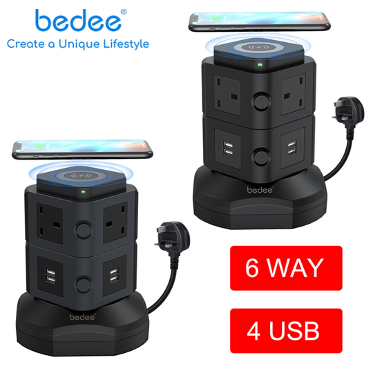 (Black) Surge Protected Tower Extension Lead 6 Way + 4 USB
