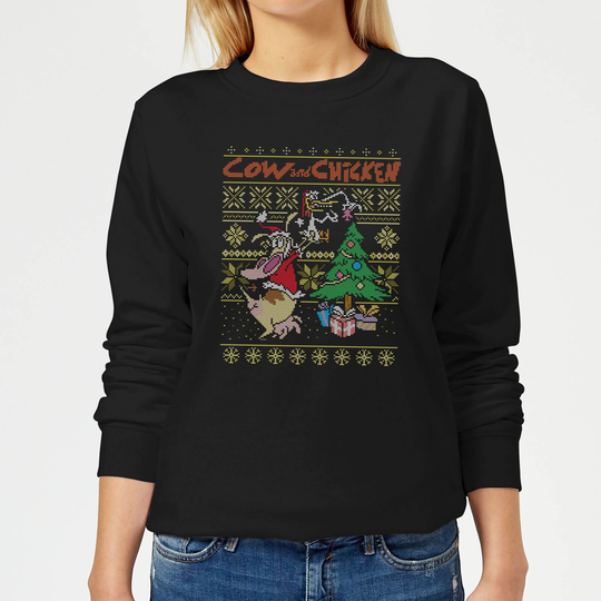 Cow and Chicken Cow And Chicken Pattern Women's Christmas Jumper - Black - XS