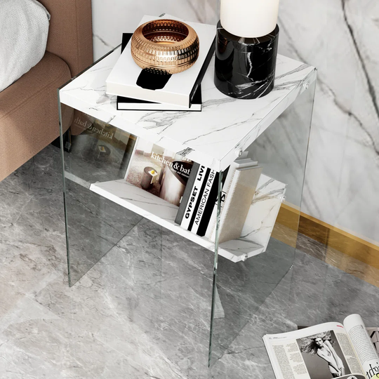 Nightstand In Glass, Beside Table With 1 Shelf Storage