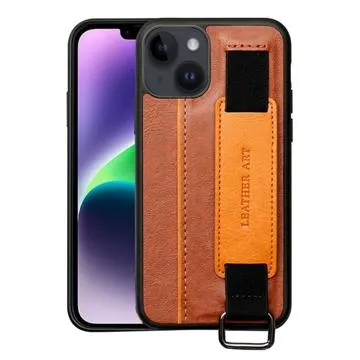 Dual-Color iPhone 14 Coated Case with Hand Strap & Card Slot - Brown
