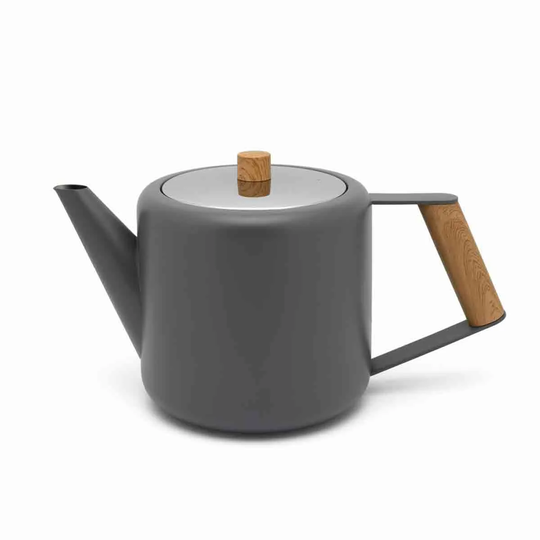 Bredemeijer Teapot Double Wall Duet Boston Design 1.1L In Grey With Wood Look Fittings