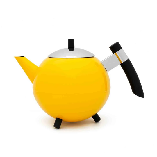 Bredemeijer Teapot Double Wall Duet Design Meteor 1.2L In Ochre Yellow With Chrome Lid & Black Fittings