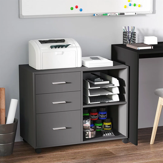 Freestanding Printer Stand Unit Office Desk Side Mobile Storage W/ Wheels 3 Drawers, 2 Open Shelves Modern Style 80L X 40W X 65H Cm - Grey