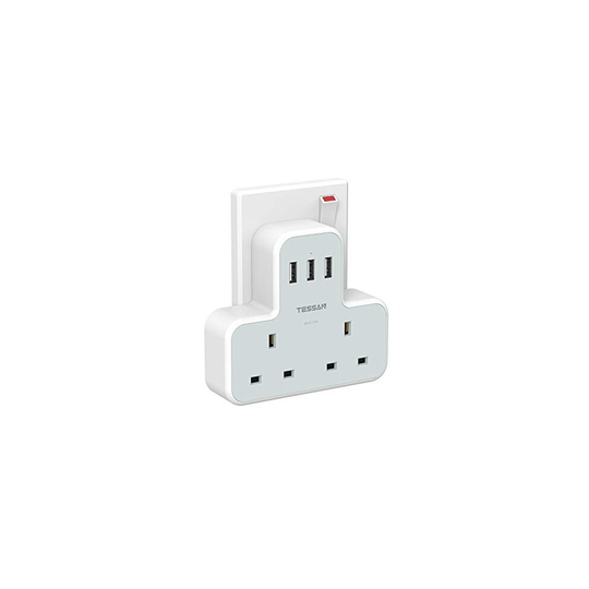 Double Plug Adaptor with 3 USB, TESSAN 2 Way Plugs Extension Multi Sockets Wall Charger Adapter, 13A UK 3 Pin Power Socket for Home, Office, Kitc