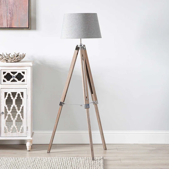 Richardson Tripod Floor Lamp, 142cm Bedside Floor Standing Lamp with Wooden Base & Linen Shade