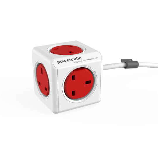 Allocacoc PowerCube Extended 5 Socket 3metre Extension Lead Adapter Outlet - Red