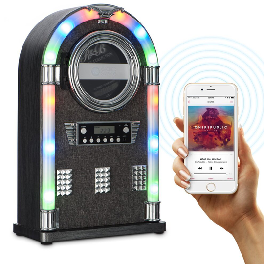 WICKED GIZMOS Floorstanding Jukebox Record Player, Bluetooth Connectivity, FM Radio, CD Player Colour-Changing LED Lights, Remote Control Included