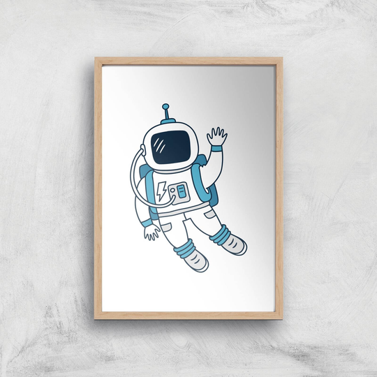 Astronaut Waving Art Print - A4 - Wooden Frame