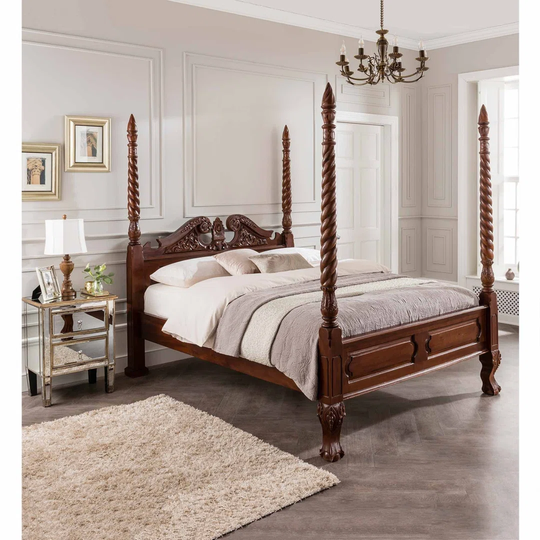 Barley Twist Mahogany Four Poster Antique French Style Bed (Size: Double)