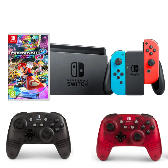 Nintendo Switch HW with Mario Kart 8 & Two Enhanced Wired Controllers - Neon Red/Neon Blue