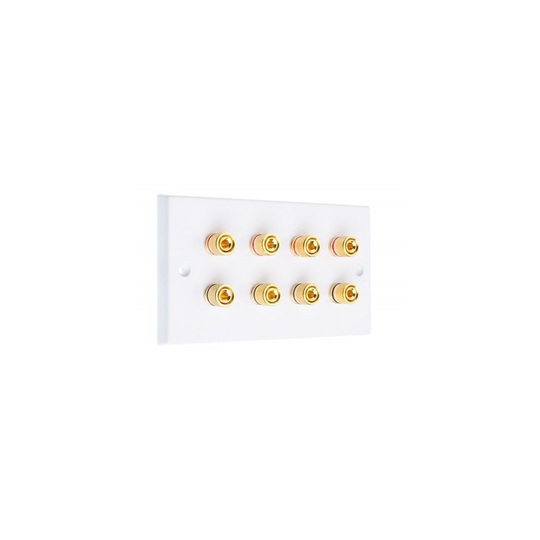 White 8 Binding Post Speaker Wall Plate - 8 Terminals - Rear Solder Tab Connections