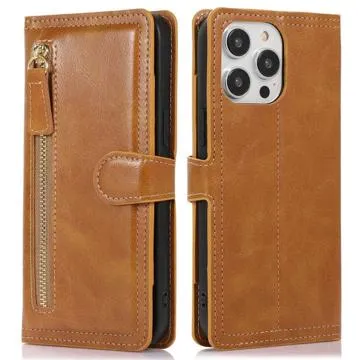 Zipper Pocket iPhone 14 Pro Wallet Case - Light Brown