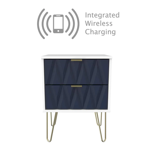 Copenhagen Ready Assembled Two Drawer Bedside Cabinet With Integrated Wireless Charging Blue