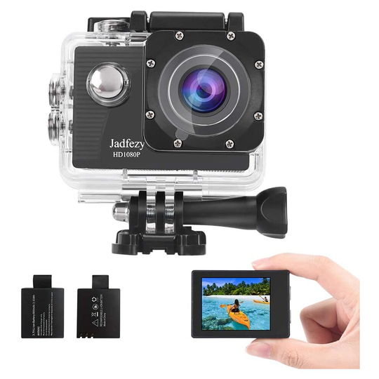 Jadfezy Action Camera 1080P Waterproof Camera Underwater 40M with EIS Two 900mAh Rechargeable Batteries 140 Degree Wide Angle and Accessories Kit