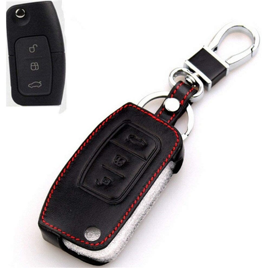 Happyit Leather Car Folded Key Cover Case Suitable for Ford New Fiesta Ecosport Focus 2 MK2 2012 2013 2014 2015 2016 with Keychain (Black)