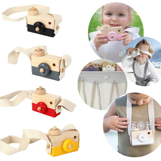 (Black) Wood Camera Children Room Decor Natural Safe Wooden Toy Painted Nursery Toys