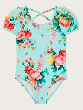 Monsoon Girls S.E.W. Floral Puff Sleeve Swimsuit - Turquoise, Green, Size Age: 3-4 Years, Women