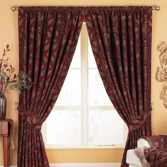 Paoletti Shiraz Damask Jacquard Pencil Pleat Curtains (Pair) Polyester Burgundy (229X229Cm)