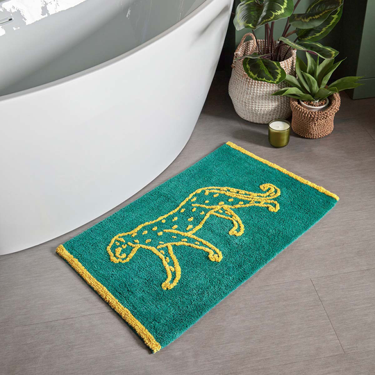 Furn. Leopard Knitted Cotton Anti-slip Bath Mat Teal
