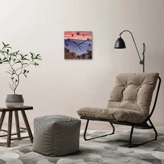 Glass Wall Clock 23.6X23.6 Inch 60X60cm Decoration Picture Image Wall Art Modern Kitchen Bedroom Living Room - Sunset Mountains
