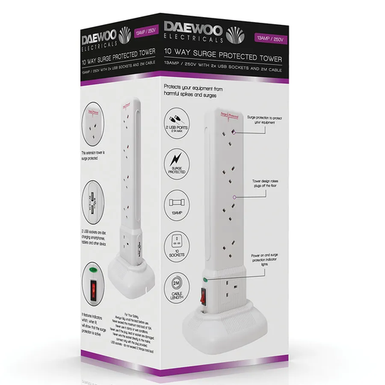 Daewoo 10-Way 2m Surge Protected USB Tower - White