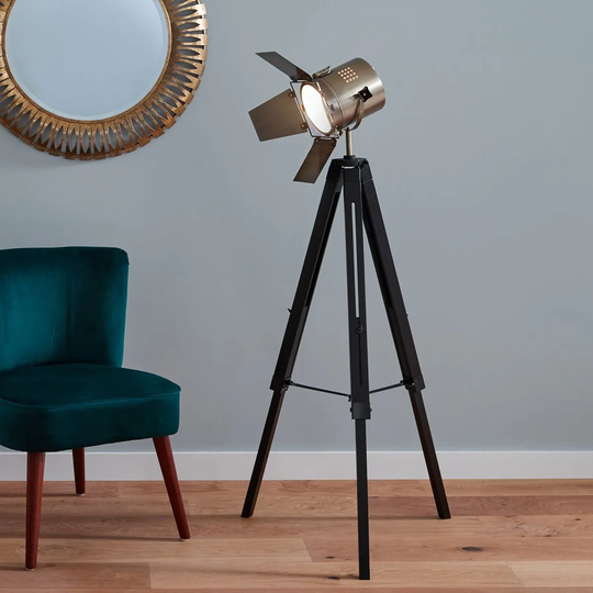 Black Wood & Antique Brass Metal Tripod Floor Lamp