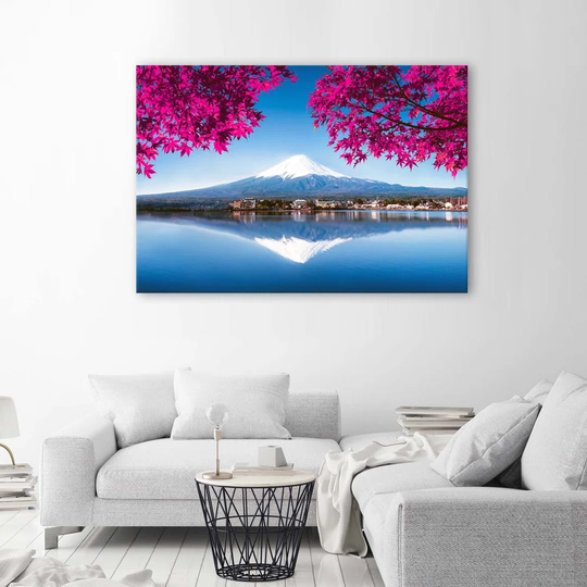 Canvas Print Mountain Fuji Lake Pink Leaves