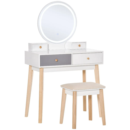 HOMCOM Dressing Table Set With Round LED Mirror Stool And 4 Drawers White And Grey
