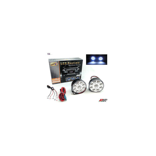 2X WHITE 12V 9 LED DRL ROUND DAYTIME RUNNING LIGHTS & RELAY DIMMER HARNESS